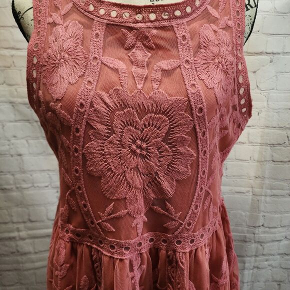 Anthropologie Entro Dress Womens Medium Pink Sleeveless Embroidered Lace Lined - Picture 2 of 13